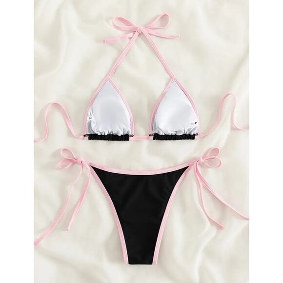 Black String Bikini Set w/Pink Contrast Trim Small - Picture 5 of 5